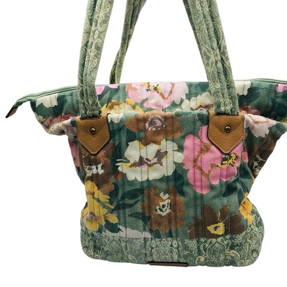 Pioneer Woman Aubrey Quilted Print Tote Floral Green Faded Denim w Zipper Large - Picture 3 of 15